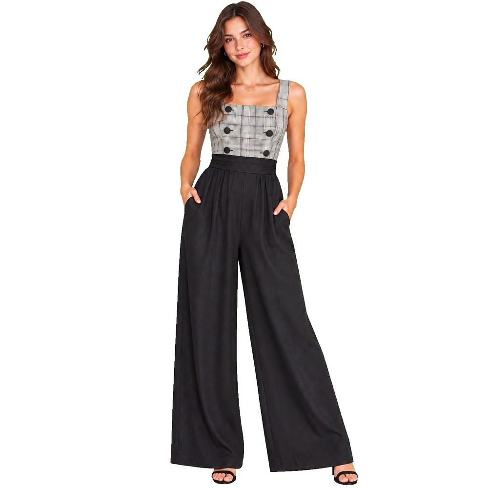 Vintage Saga USA Plaid Wide Leg Jumpsuit Tie Waist Small Made in USA Black Gray